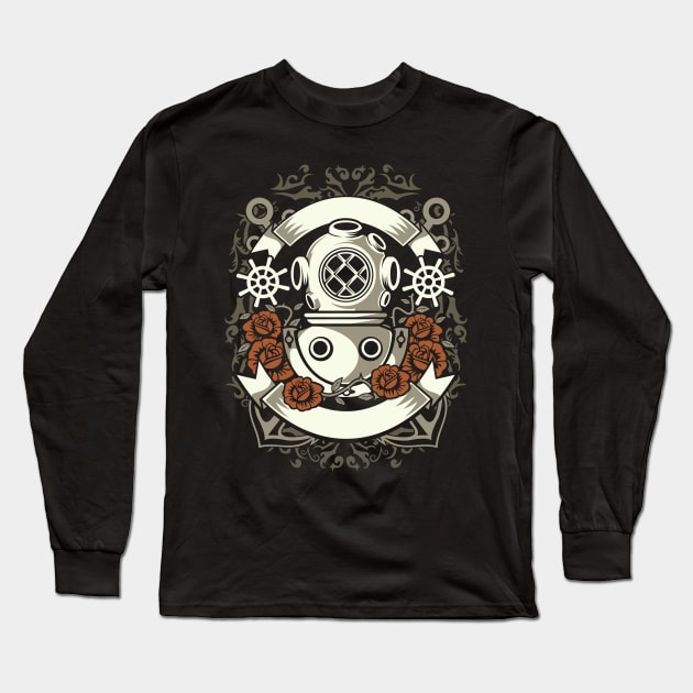 Deep Sea Diver Retro Crest With Roses Long Sleeve T-Shirt by JakeRhodes